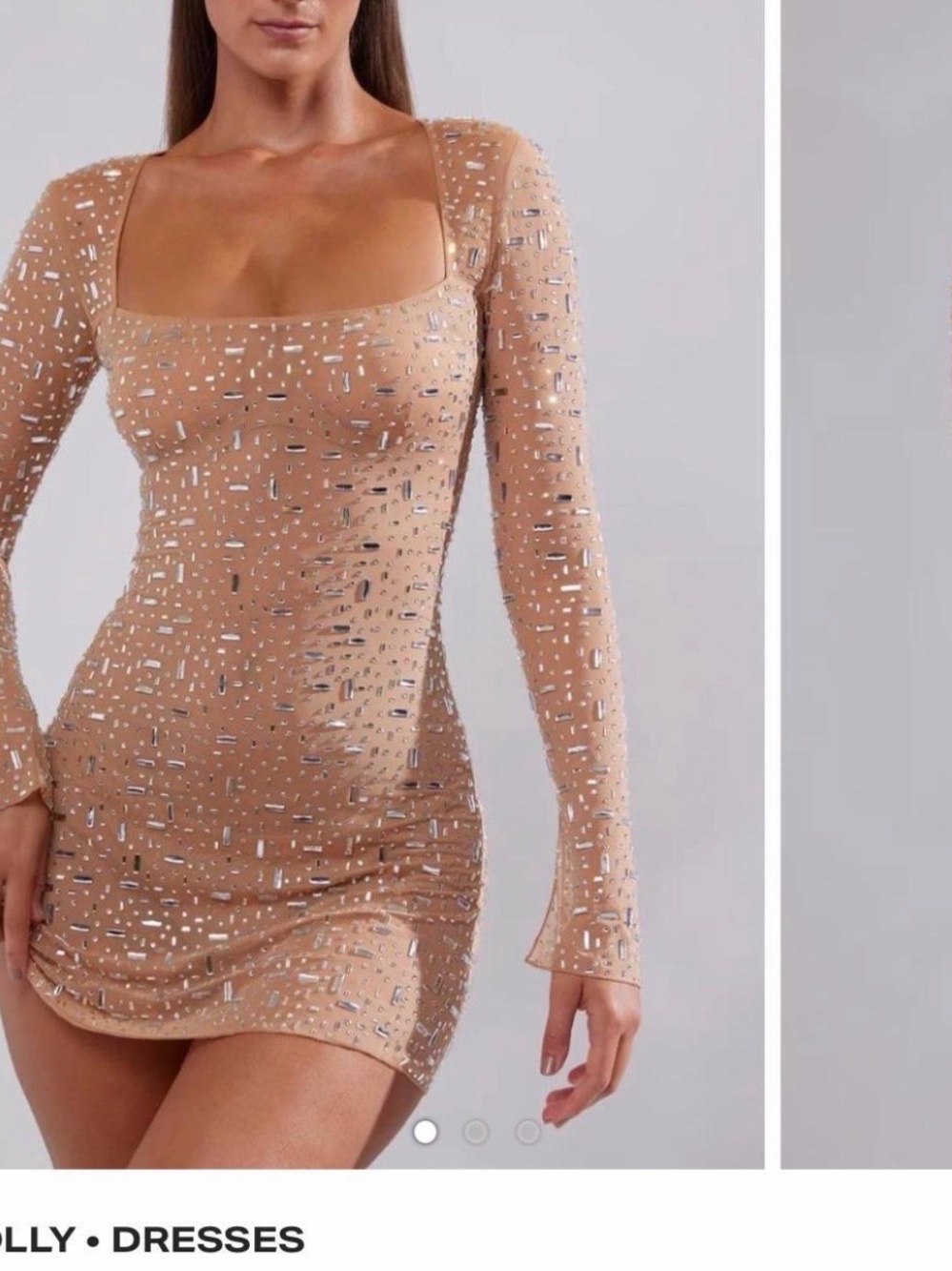 Oh Polly Nude Embellished Long-Sleeve Mini Dress